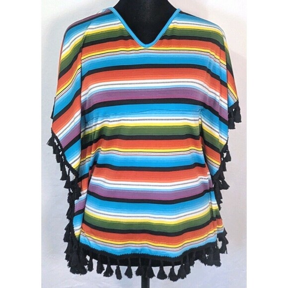Southern Stitch Tops - Southern Stitch Women's Medium Serape Stripe Poncho Blouse Tassel Fringe V-Neck